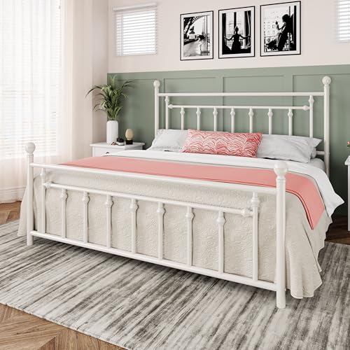 Image of Allewie 14'' King Size Metal Platform Bed Frame, Vintage Headboard, White