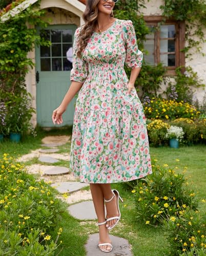 Image of Kormei Women Casual Boho Floral Round Neck 3 /4 Sleeve Smocked Waist Tiered A Line Flowy Swing Midi Dress Long Dresses