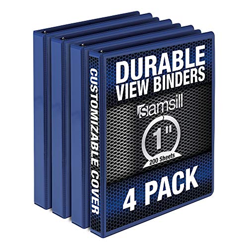 Samsill Durable 1 Inch Binder / Blue 3 Ring Binder / Customizable Clear View Binder / Bulk Binder 4 Pack / Blue Round Ring Binder / One inch Binder