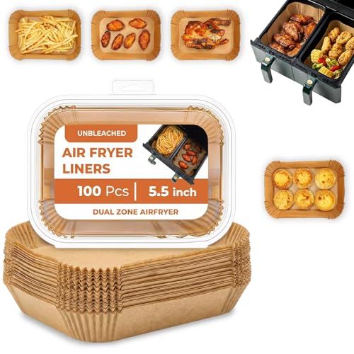 Roe Tenpo Air Fryer Liners 100Pcs Disposable Baking Parchment Paper Non-Stick & Greaseproof Air Fryer Accessories for Ninja AF300UK AF400UK Salter Tower and Other Dual Zone Air Fryer