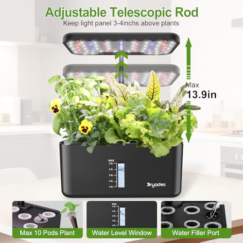 Image of Indoor Garden 10 Pods Hydroponics Growing System w /LED Grow Light | Plant Germination Kit, Smart Quiet Pump, Adjustable Height Hydroponic Planter, Countertop Herb Garden, Ideal Gift Idea