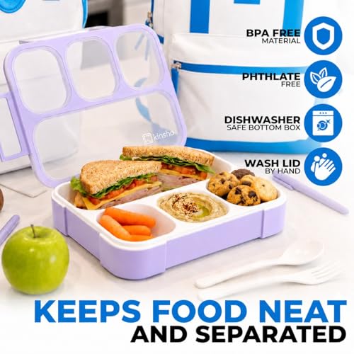 Image of Bento Lunch Box for Kids or Adults, Snack Containers for Boys, Girls, School Daycare Work, 3 & 4 Divided Compartments Meal Planning Portion Control, BPA-Free Boxes, Utensils | Blue Purple 2 Pack