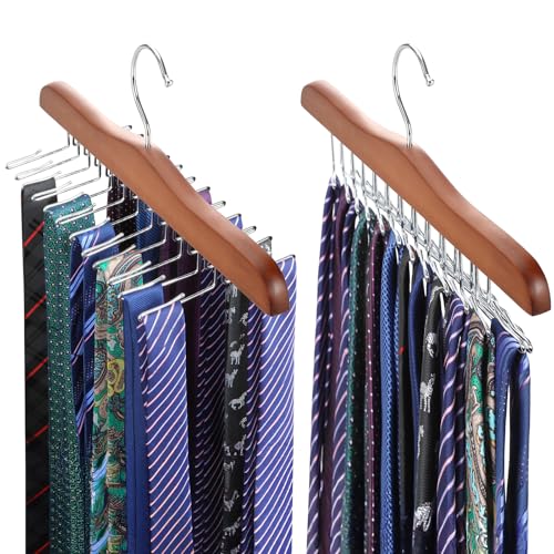 TOPIA HANGER Tie Rack Hanger for Closet 2 Packs, Wooden Tie Organizer for Men with 24 Folding Hooks, Space Saving Necktie Holder for Storage and Display Bra, Tank Top, Camisole (Walnut)-CT14WA-2