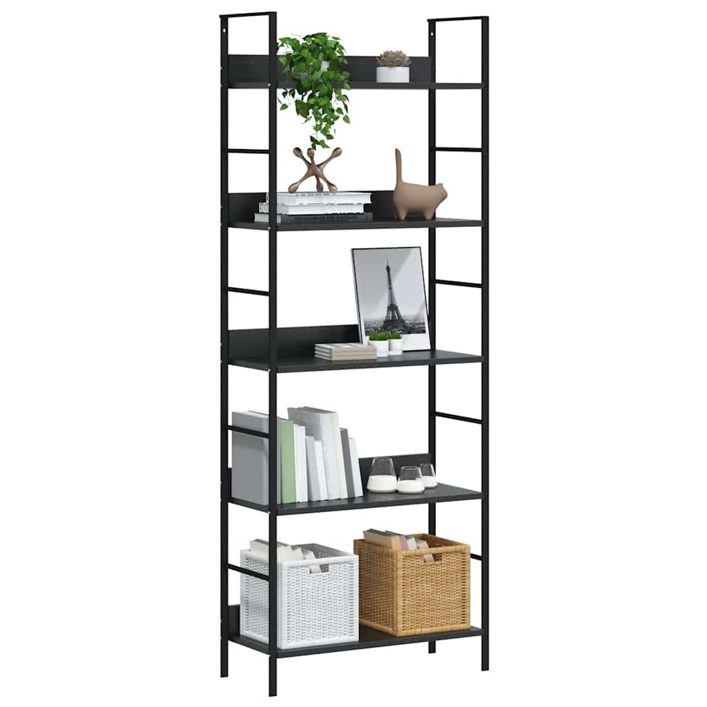 Libreria Scaffale 5 Ripiani Nero Legno Acciaio 60x27,6x158,5cm | Mobile espositore autoportante salvaspazio per soggiorno e veranda con struttura industriale e portata totale di 75 kg.