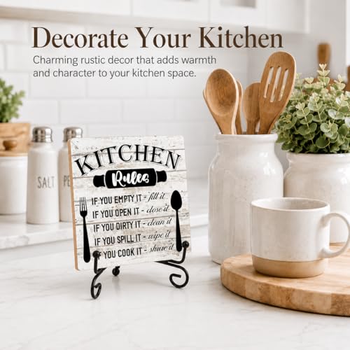 Image of Rustic Wood Plaque with Stand - Kitchen Decor - Kitchen Rules Wood Sign - Idea Wooden Decor for Home Living Room Dining Room Shelf Table Decoration (31)