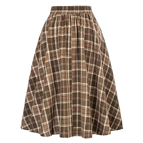 Women’s Plaid Midi Skirt Vintage High Waist A Line Pleated Skirt with Pocket2