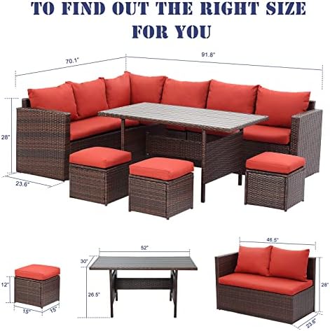 Wisteria Lane 9 Seater Rattan Garden Furniture Set, Outdoor Dinning Set, All-Weather Patio Conservatory Sets, Weaving Wicker Corner Sofa Couch Lounger with Table, Backyard, Deck, Porch, Balcony, Red