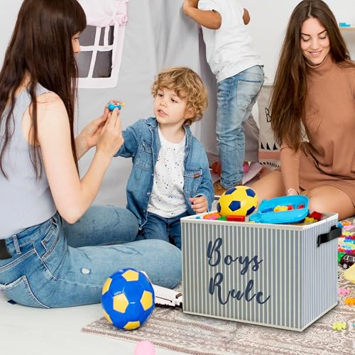 Image of Boy Nursery Storage Bins Box with Handles, Blue Striped Boys Rule Playroom Collapsible Basket Organizer for Kids Toddler Boys Room Bedroom Bathroom Books Clothes