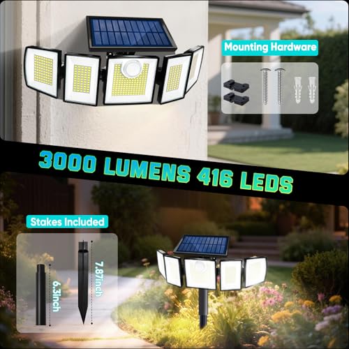 Image of MDCMDCM Solar Lights Outdoor Waterproof Motion Sensor - 416 LEDs 3000 Lumens Super Bright 3 Brightness 3 Modes 360 Illumination 32ft Solar Flood Security Light for Outside (with Stakes, 3)