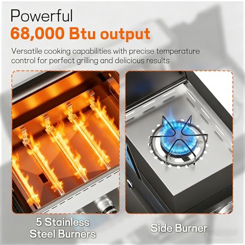 Image of Veralune 5 Burner Propane Gas Grill, 5 Burner BBQ Grill with Side Burner, 5 Burner Outdoor Cooking Grill, 68,000 BTU Heavy-Duty, Stainless Steel, Electronic Ignition System, Built-in Thermometer
