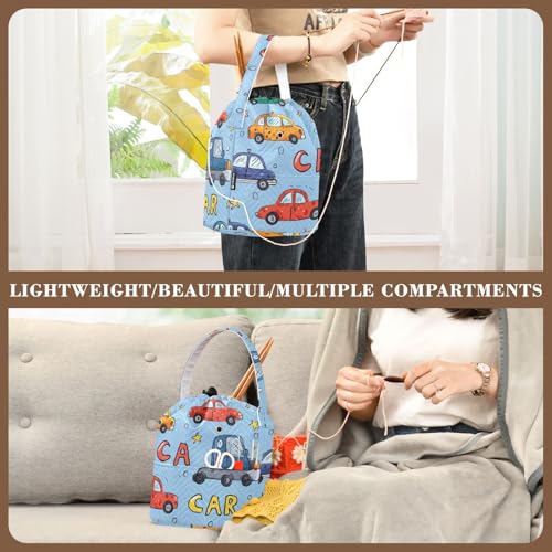 Image of Tatenale Crochet Bag Yarn Bag Knitting Project Bag with Pockets and Handle Portable Yarn Storage Organizer Tangle Free 8.3x11 InchLight Blue Cars and Stars32
