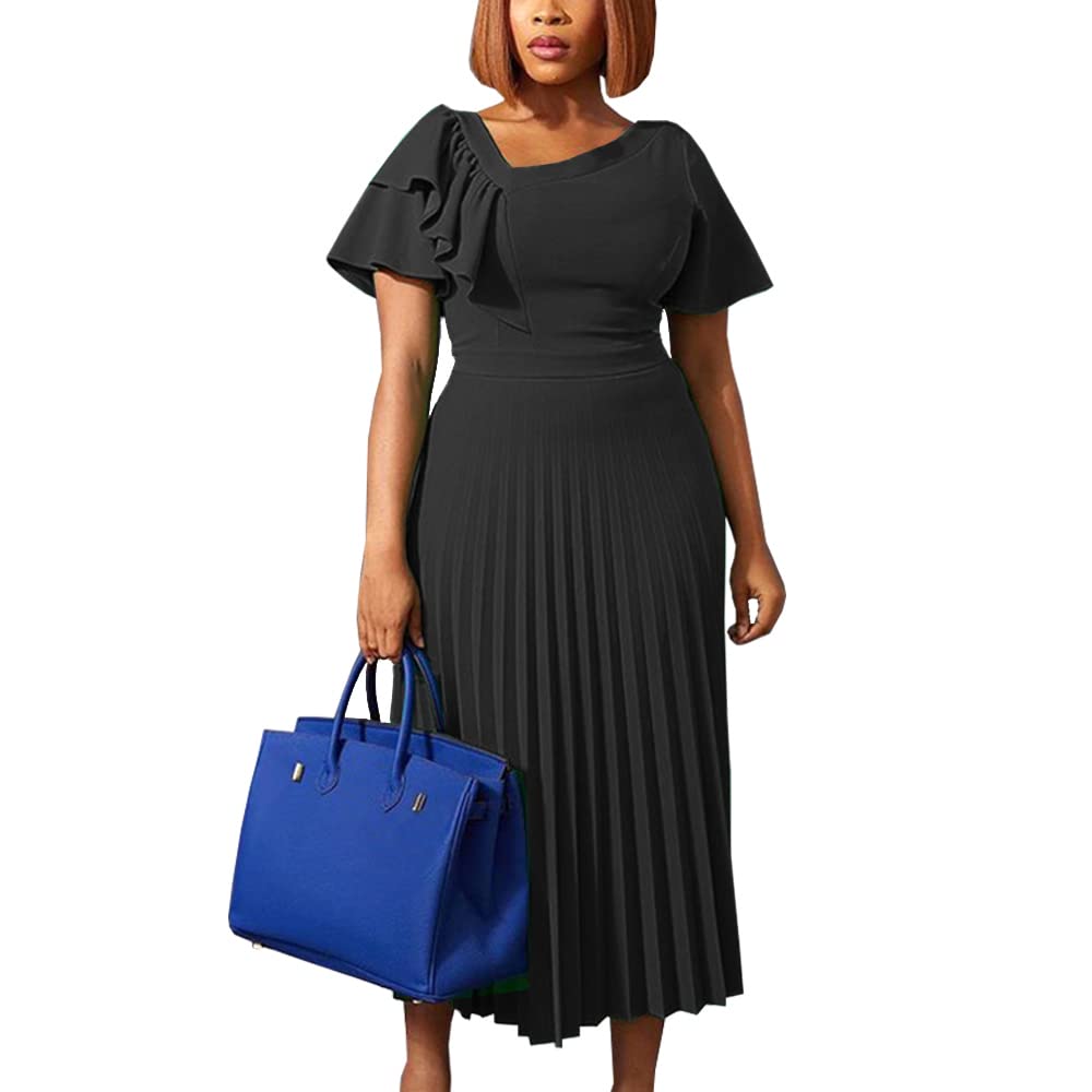 AOMEI Women's Short Sleeve Asymmetrical Ruffles High Waist Pleated Hem Midi Spring Dress