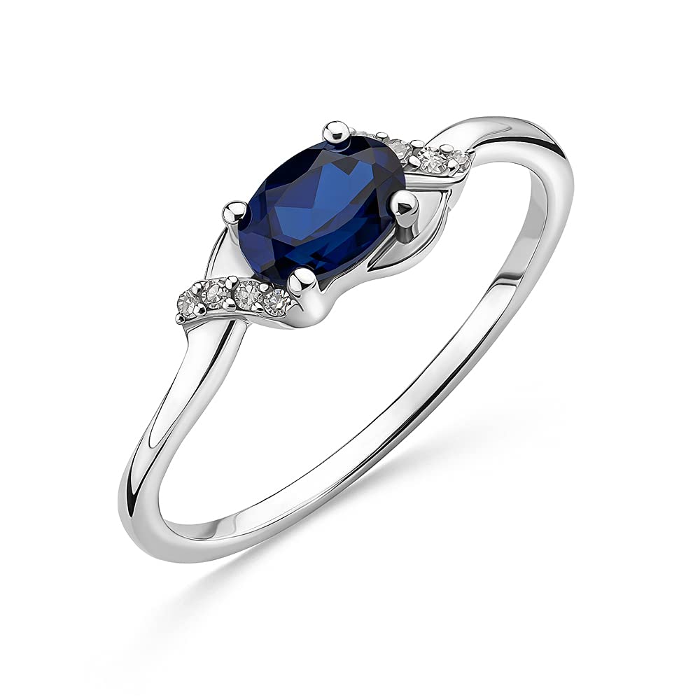 Orovi - Anillo de compromiso de oro blanco con 8 diamantes brillantes de 0,03 quilates y piedra preciosa/piedra de nacimiento zafiro/esmeralda anillo de oro de 9 quilates (375)