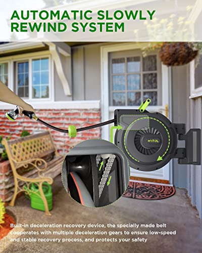 Image of Retractable Garden Hose Reel, 5 /8 Inch x 82 ft + 6 ft Wall Mounted Water Hose Reel with Auto Slow Rewind System, 10-Pattern Nozzle, Any Length Lock, 180 Swivel Bracket, Ideal for Easy Watering