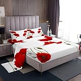 Manfei Floral Sheet Set Queen Size Red Poppy Flower Print Bedding Set for Kids Girls Room Decor, Botanical Plants Flower Bed Sheet Set 4pcs with Deep Pocket Fitted Sheet + Flat Sheet + 2 Pillowcases