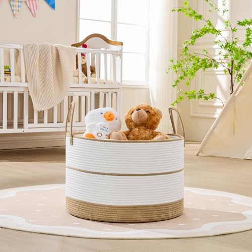 Image of KAKAMAY Cotton Rope Storage Basket (20 inchx13 inch),Woven Blanket Baskets for Toys,Pillows,Clothes,Sturdy Handles Decorative Basket for Living Room, Bedroom,Nursery(Brown /Black)