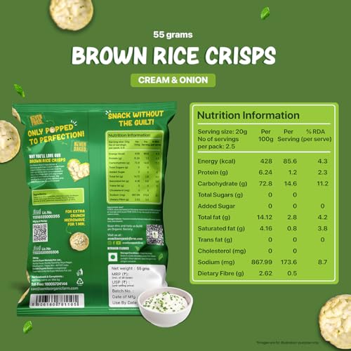 Image of Asmita Organic Farms Brown Rice Popped Crisps | Not Baked, Not Fried | Healthy Snacks with Foxtail Millet | Cream & Onion Flavor | Low-Fat, High-Fiber, Low-Calorie | Pack of 3 (55g Each)