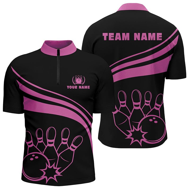 Schwarzes Männer & Frauen Bowling Trikot mit Polo & Viertelreißverschluss, Individuelles Team Jersey | Pink N6923