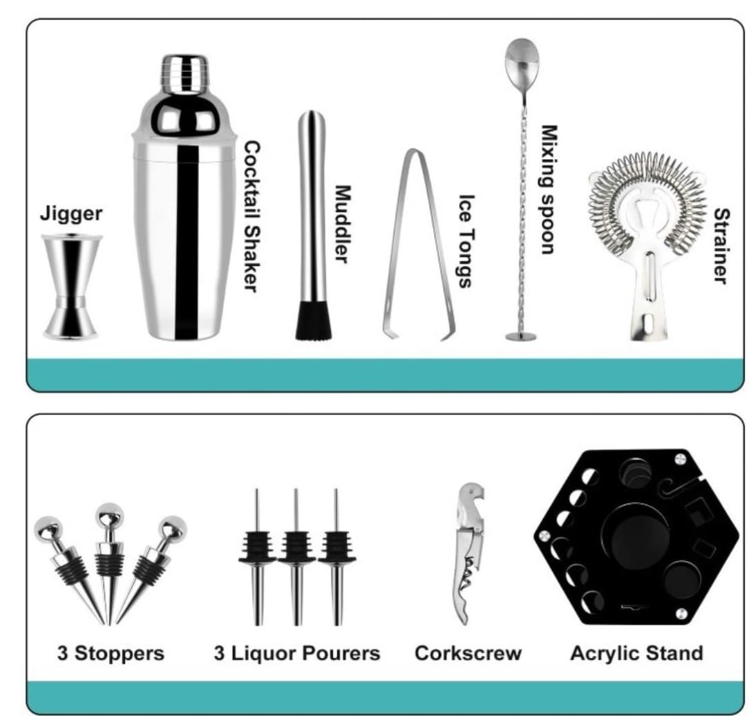 Juego de Cocktail Shaker Kit De Barman De 750ml, Juego De Coctelera De Acero Inoxidable De 14 Uds con Soporte Giratorio, Juego De Coctelera Coctelera Profesional Herramientas