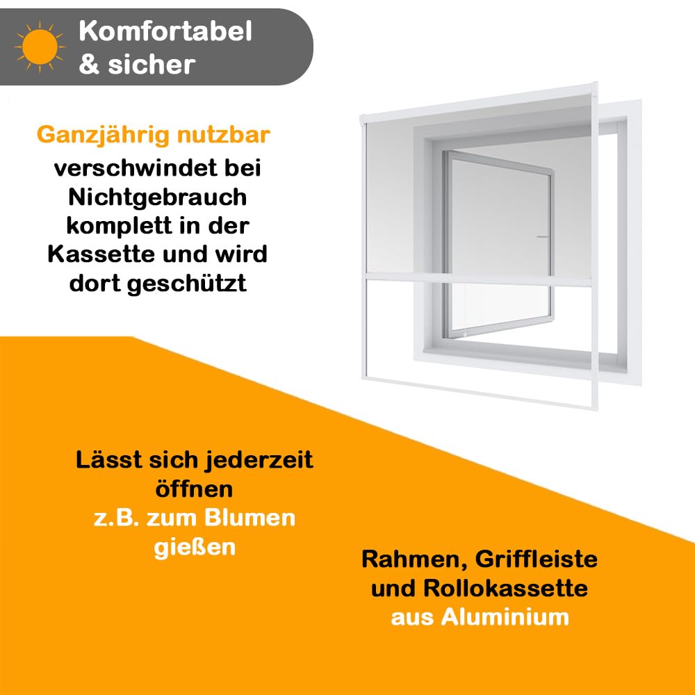 Einhängerollo 100 x 160 cm weiß, Fliegengitter Fenster ohne Bohren, Insektenschutz Rollo mit Aluminiumrahmen & Fiberglasgewebe