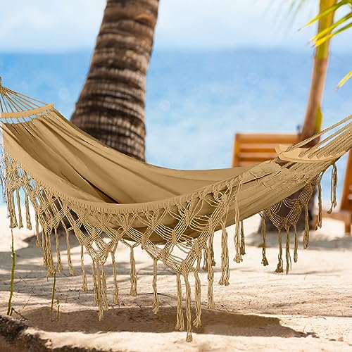 Image of MOSFiATA Backyard Hammock with Tassels Max 500lbs Canvas Fabric Bohemian Style with Thickened Rope and Carry Bag for Outdoor, Garden, Patio, Wedding Decor (Khaki)