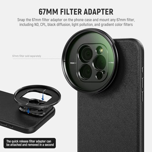 Image of Neewer Phone Case Compatible with iPhone 15 Pro Max, TPU + PC Protective Heavy Duty Case with 17mm Lens Backplate, 67mm Filter Adapter, Nonslip Faux Leather, Compatible with MagSafe, PA054 Black