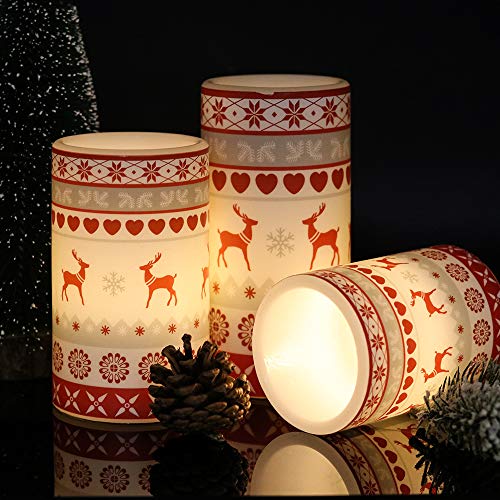 Image of GenSwin Flameless Flickering Led Candles Battery Operated with 6 Hours Timer, Real Wax Pillar Candles Warm Light Love Deer Decal Decor Gift(Pack of 3)