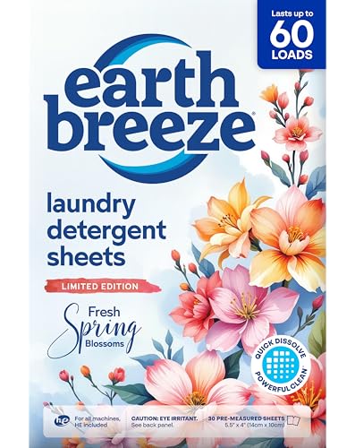 Earth Breeze Laundry Detergent Sheets Fresh Spring Blossoms - 60 Loads - Eco Laundry Sheets - Travel Laundry Soap Sheets for Hot & Cold Cycles - Tackles Tough Stains & Odors - Gentle on Skin, 30 Ct
