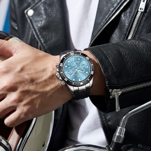 Image of OLEVS Men's Watches Sport Chronograph Analog Quartz Watch for Men with Date Waterproof Dress Casual Fashion Watch Soft Silicone Rubber Strap Band, Unidirectional Bezel & 42mm Big Face