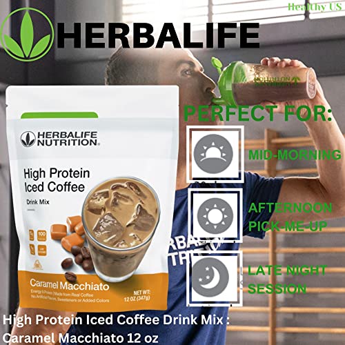 Image of HERBALIFE NUTRITION High Protein Iced Coffee Drink Mix: (Caramel Macchiato 12 oz 347g) Energy and Protein, Made From Real Coffee, Low fat c