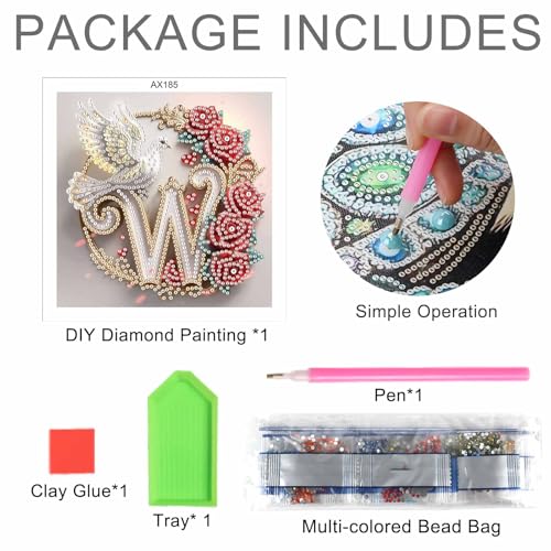 Image of AiYuanzsh 5D Diamond Art Kits Letter W, Whimsical Rose & Dove Monogram Special Shape Diamond Painting for Adults, Luxury Diamond Art for Adults DIY Paint by Diamonds for Wall Display 17x17cm