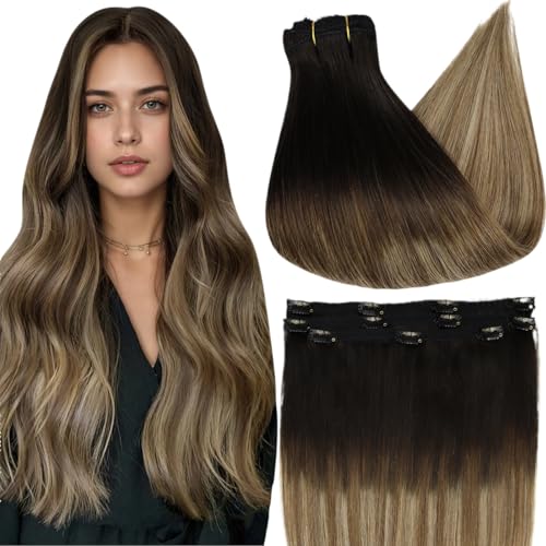 Image of Full Shine Real Human Hair Clip in Extensions, 3 Pcs 60g 16 Inch | Black Balayage Medium Brown Highlights Caramel Blonde, Clip in Hair Extensions Human Hair, Lightweight