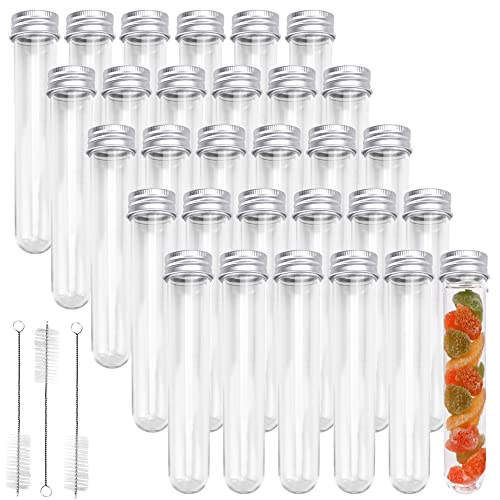 SCHYIDA 30 PCS Tube à Essai en Plastique Transparent 45ML, Eprouvette Plastique avec Bouchon à Vis Tube Essai Plastique Réutilisable avec 3 Brosse de Nettoyage pour Bonbons Fleurs Plantes Epices Déco