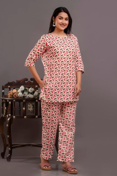 Image of Pure Cotton Printed Night Suit Set | Top Pyjama Set for Women | Night Dress of Kurta Pyjama Set for Women | Kurta Top Set