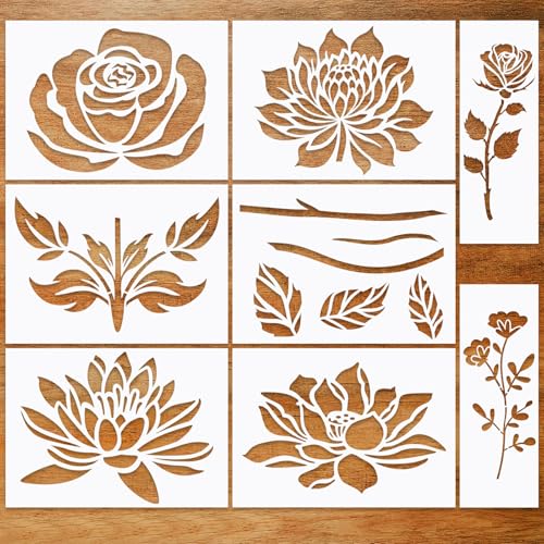 JSRQT 8 Piezas Plantilla de Pintura de Rosa,Plantilla de Pared de Madera Exteriores,Floral Stencil per Pittura para Jardín Valla Pared de Madera Muebles Telas Decoración,11.8 x 8.5”