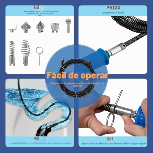 Miniatura 3 de 2 Piezas Sirga Desatascar Tuberias 3 Metros Diámetro 12 Mm, Muelle Desatascador Con 8 Piezas Limpiador De Drena,Desastacador Desagues Fregadero,Destapa Cañerias