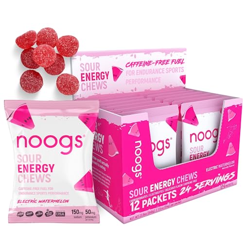 Image of Noogs Sour Energy Chews, Electric Watermelon Electrolyte Energy Gummies, Sour Candy Flavored Alternative to Running Gels, Vegan, Gluten Free & Caffeine Free, 12 Pack