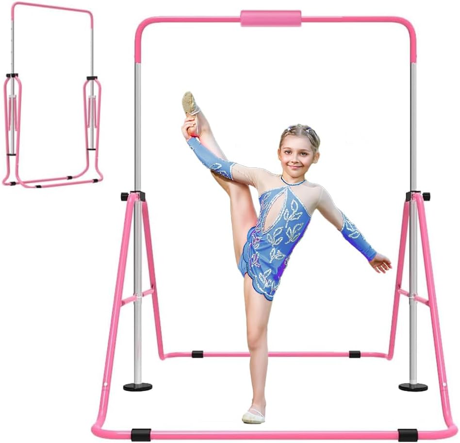 Gymnastics Bar for Kids, Adjustable Height Gymnastic Horizontal Bars with Mat, Folding Gymnastic Training Monkey Bars, Junior Expandable Training Kip Bar for Home Pink
