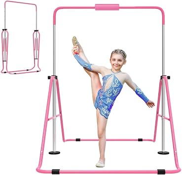 Gymnastics Bar with Self-Inflating Mat for Kids, Adjustable Height Gymnastic Horizontal Bars with Mat, Folding Gymnastic Training Monkey Bars, Junior Expandable Training Kip Bar for Home