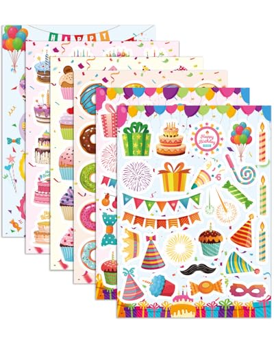 ZEXIJOW 6 Sheets pegatinas de feliz cumpleaños,125 Pegatinas de fiesta de cumpleaños,Pegatinas de aniversario de cumpleaños,Pegatinas de vinilo impermeables,Accesorios de cumpleaños