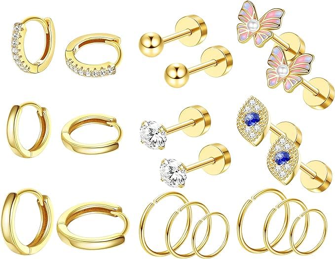 JeryWe10PCS 20G Cartilage Stud Hoop Earrings for Women 316L Stainless Steel Dainty Cartilage Helix Lobe Earrings Tiny Flat Back Ball CZ Eye Butterfly Stud Piercing Jewelry Gifts