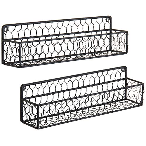 Mygift Wall Spice Racks, 12-Inch Black Chicken Wire Hanging Kitchen Seasoning Condiment Organizer Shelf, Set Of 2 #TOP4