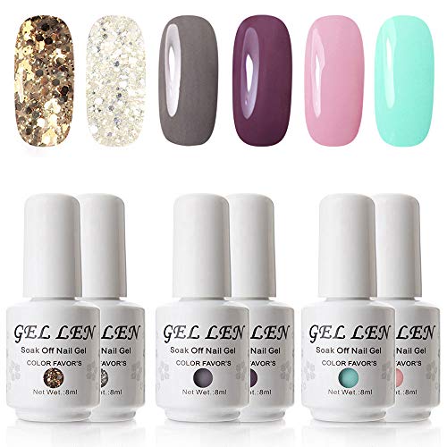 Gellen Gel Nail Polish Set - 6 Colors Glitters of Gold Silver and Pure Pink Mint Green Grays