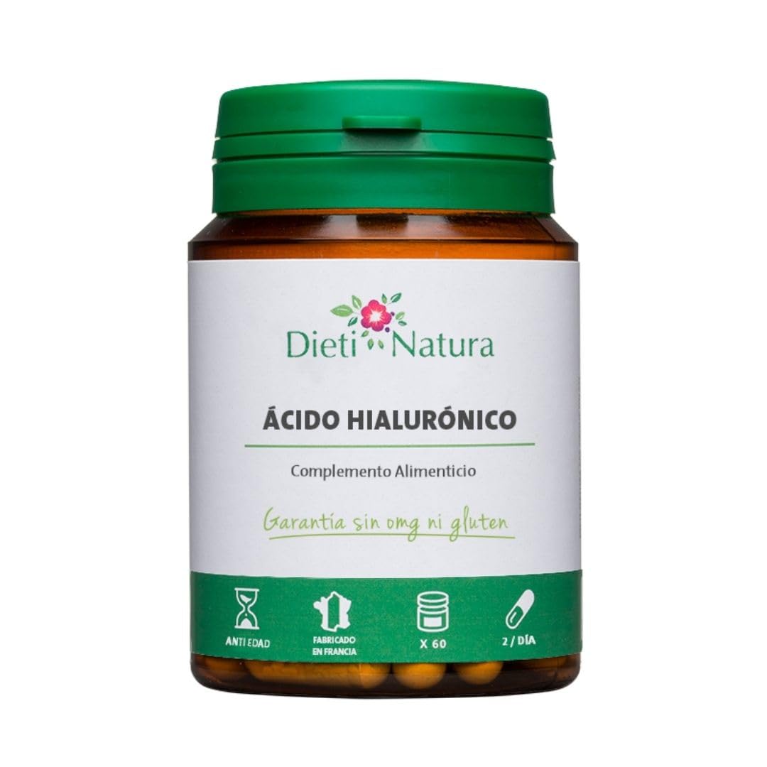 Dieti Natura 60 Cápsulas de Origen Vegetal de Ácido Hialurónico - Ácido Hialurónico con Colágeno Marino, Vitamina C y E - Para la Piel y Ariculaciones - Garantía sin Gluten ni OGM