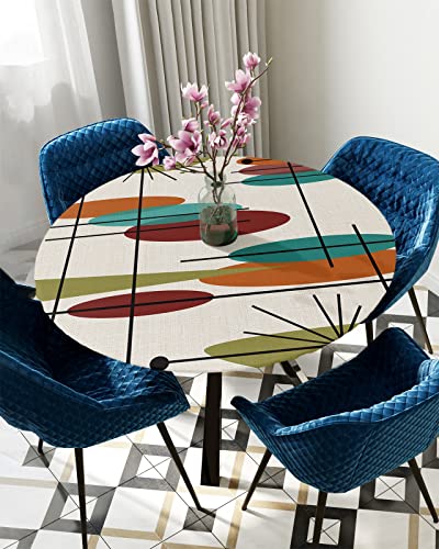 Middle Turquoise Century Round Tablecloth Fitted Table Cover, Abstract Geometry Orange Maroon Elastic Tablecloths Waterproof Outdoor Indoor Stretch Cloth Tablecover For Dinner, Party, Shower, 36-44In #TOP18