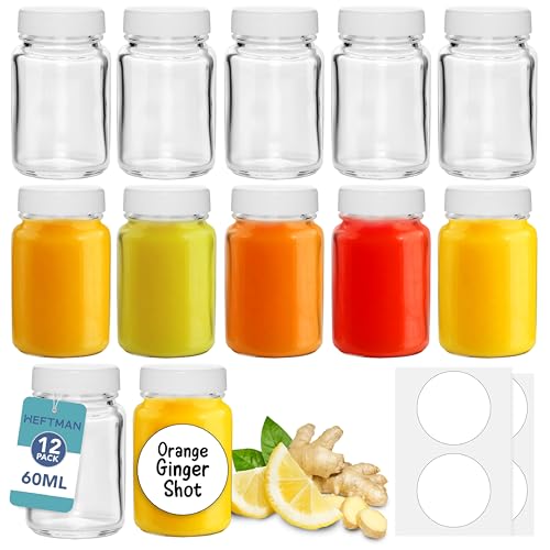 Botellas de chupito de vidrio HEFTMAN con tapas - Paquete de 12 botellas mini vacías de 60 ml para chupitos de jengibre con cepillo de limpieza y etiquetas - Reutilizables, transparentes, herméticas