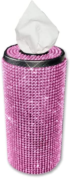 Bling Crystal Rhinestones Diamond Cylinder Tissue Box Holder for Car Cup Holder, Round Container for Home Office Travel Car Interior Pink