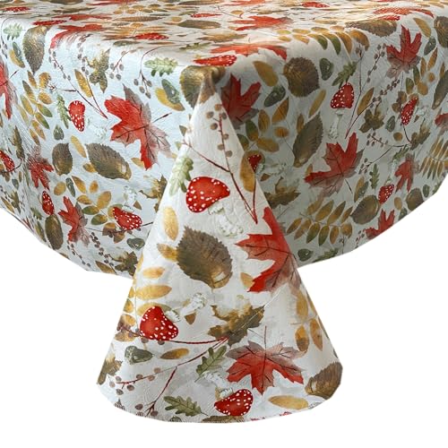 Home Bargains Plus Red Leaves and Mushroom 52 x 70 Inch Rectangle Vinyl Tablecloth with Flannel Backing, PEVA Non Toxic Easy Care Table Cover for Holiday Dining