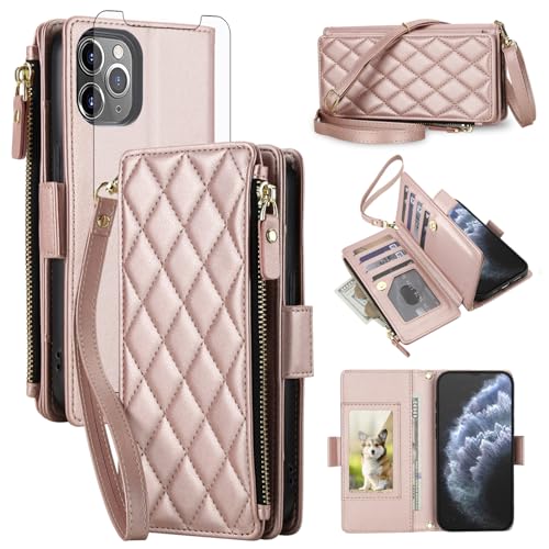 Phone Cover for iPhone 11 Pro Max 6.5 Wallet Case RFID Blocking Zipper with Screen Protector Crossbody Lanyard Strap PU Leather Card Holder Slot iPhone11 11pro Promax i XI Plus Women Men Rose Gold