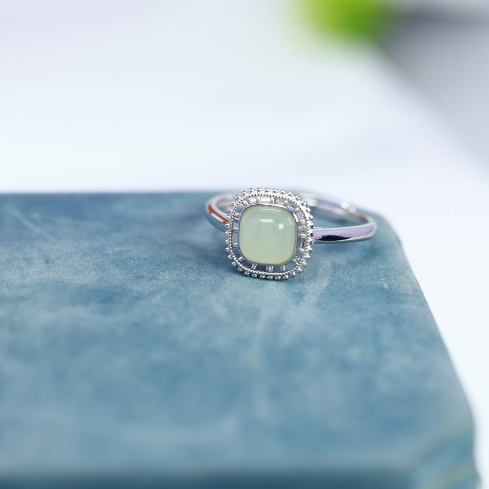 S925 Silver-Inlaid Natural White Jade Square Ring Opening Adjustable Including Certificate